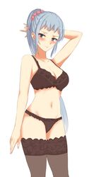  blue_eyes blue_hair blush bow bra breasts cleavage collarbone commentary_request female hairbow hand_on_own_head highres kawasaki_saki long_hair panties ponpon_(ponpon62126) solo thighhighs underwear underwear_only white_background yahari_ore_no_seishun_lovecome_wa_machigatteiru. 