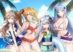  404_(girls&#039;_frontline) 4girls beach bikini breasts brown_hair cleavage coconut commentary_request day drinking_straw duino flower frills fruit_cup g11_(girls&#039;_frontline) girls&#039;_frontline grey_hair hair_ornament hk416_(girls&#039;_frontline) long_hair looking_at_viewer looking_away messy_hair multiple_girls one_side_up outdoors pout scar scar_across_eye scar_on_face smile swimsuit twintails ump45_(girls&#039;_frontline) ump9_(girls&#039;_frontline) 