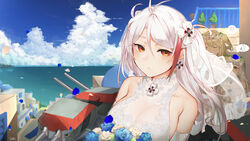  3girls absurdres admiral_hipper_(azur_lane) ahoge alternate_costume anger_vein antenna_hair azur_lane bare_shoulders blonde_hair blunt_bangs blush bouquet breasts bridal_veil bride brown_eyes choker cleavage closed_mouth commentary_request dress flower hair_between_eyes headgear highres holding holding_bouquet large_breasts long_hair looking_at_viewer machinery mole mole_under_eye multicolored_hair multiple_girls ocean petals prinz_eugen_(azur_lane) red_hair rigging smile spoken_anger_vein streaked_hair tittu two_side_up veil very_long_hair wedding_dress white_hair yellow_eyes z46_(azur_lane) 