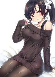  arm_support black_hair blush bow breasts brown_eyes brown_pantyhose brown_sweater collarbone commentary_request female gakkou_de_seishun! hair_over_shoulder hairbow kamino_saori large_breasts long_hair long_sleeves looking_at_viewer off-shoulder_sweater off_shoulder open_mouth pantyhose sanshoku_amido side_ponytail sidelocks sitting sleeves_past_wrists smile solo sweater white_bow 