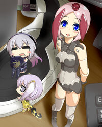  =_= arms_behind_back arnval_mk2_tempesta blue_eyes blue_hair breasts busou_shinki character_request chibi commentary_request computer_keyboard desk doll_joints dvd_case earphones goma_(gomasamune) hairband highres hugging_object joints juvisy leotard long_hair looking_at_viewer looking_back medium_breasts mini_person minigirl navel open_mouth partio pink_hair purple_hair shadow skindentation smile tail thighhighs translation_request 