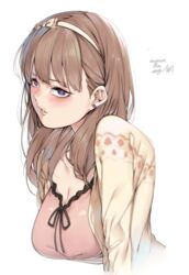  blue_eyes blush breasts brown_hair cleavage commentary_request earrings female hairband highres idolmaster idolmaster_cinderella_girls jewelry large_breasts menea parted_lips sakuma_mayu short_hair signature simple_background solo upper_body white_background 