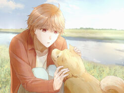  1boy animal brown_eyes canine cloud collar commentary_request day eye_contact grass highres hiwomushi kashiwazaki_akane kaze_ga_tsuyoku_fuiteiru light_brown_hair looking_at_another male_focus nira_(kaze_ga_tsuyoku_fuiteiru) outdoors pants petting red_collar red_shirt river shirt solo squatting water white_shirt 