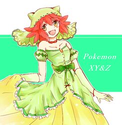  alternate_costume bracelet clothes_lift commentary_request dress dress_lift elbow_gloves female gloves headgear jewelry looking_at_viewer mairin_(pokemon) neck neck_ribbon pachii_(vinsento) pokemon pokemon_(anime) red_hair ribbon ring short_hair sleeveless sleeveless_dress smile solo 