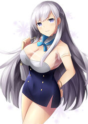  alternate_costume arm_behind_back azur_lane bag belfast_(azur_lane) blue_dress blue_eyes blue_neckwear blue_ribbon bracelet braid breasts cleavage collarbone commentary cowboy_shot dress earrings female french_braid grey_hair jewelry jokerace03 large_breasts long_hair looking_at_viewer ribbon short_dress short_sleeves shoulder_bag smile snowflake_background solo standing teeth white_background 