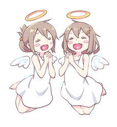  2girls :d =_= angel angel_wings barefoot blush_stickers brown_hair cartoon_wings collarbone commentary_request dress folded_ponytail full_body hair_ornament hairclip halo heart heart_in_mouth ikazuchi_(kancolle) inazuma_(kancolle) kantai_collection multiple_girls oerba_yun_fang open_mouth own_hands_clasped own_hands_together simple_background sleeveless sleeveless_dress smile tonmoh traditional_halo white_background white_dress white_wings wings 