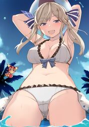  ass_visible_through_thighs bad_id bad_twitter_id ball beachball bikini blonde_hair blue_eyes cameltoe commentary_request cucouroux_(granblue_fantasy) female from_below granblue_fantasy hair_ribbon highres long_hair looking_at_viewer navel nuko_(mikupantu) open_mouth outdoors ribbon swimsuit twintails vyrn_(granblue_fantasy) wading water 