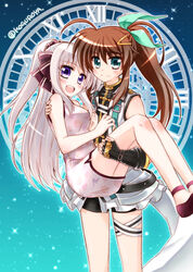  2girls :d ahoge belt bike_shorts black_belt black_gloves black_shirt black_shorts brown_hair carrying china_dress chinese_clothes closed_mouth commentary dress flats floral_print fuka_reventon gauntlets gloves green_eyes green_ribbons hair_ornament hair_ribbon hairclip highres jacket kohaku_(kohagura) long_hair looking_at_viewer lyrical_nanoha magic_circle magical_girl multiple_girls night night_sky open_mouth overskirt ponytail princess_carry print_dress purple_eyes purple_footwear ribbon rinne_berlinetta shirt short_dress shorts skirt sky sleeveless sleeveless_dress sleeveless_jacket smile standing star_(sky) starry_sky thigh_strap twitter_username vivid_strike! white_dress white_hair white_jacket white_skirt yuri 