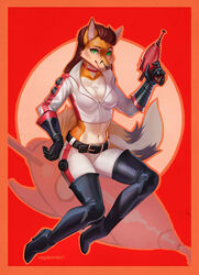  5_fingers alternate_species anthro boots breasts brown_hair canid canine cleavage clothed clothing fallout female fingers fluffy fluffy_tail footwear fox fur furrification gloves green_eyes gun hair handwear hi_res high_heeled_boots high_heels holding_gun holding_object holding_ranged_weapon holding_weapon legwear looking_at_viewer mammal microsoft midriff navel nuka-girl_(fallout) ranged_weapon raygun red_fox retrofuturism smile solo tail the_thirst_zapper_(raygun) thigh_boots thigh_highs true_fox vagabondbastard weapon wide_hips 