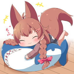  +++ :3 animal_ears antenna_hair barefoot black_skirt blush bow braid brown_hair brown_sweater chibi closed_eyes closed_mouth commentary dog_ears dog_girl dog_tail facing_viewer female full_body hair_ornament hairbow hairclip heart hugging_object ikea_shark long_hair long_sleeves makuran momiji_(makuran) original pleated_skirt red_bow short_eyebrows skirt sleeves_past_wrists smile solo stuffed_animal stuffed_shark stuffed_toy sweater tail thick_eyebrows twin_braids white_background wooden_floor 