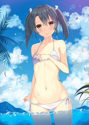  alternate_costume arm_at_side bikini blush breasts cloud cloudy_sky collarbone commentary_request cowboy_shot day female green_eyes green_hair groin hair_between_eyes halterneck hatsu_(first_snow) kantai_collection lips long_hair looking_at_viewer lowleg lowleg_bikini navel outdoors side-tie_bikini_bottom sky small_breasts solo standing standing_on_liquid stomach swimsuit thighs twintails wading water zuikaku_(kancolle) 