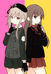  2girls aged_down beret black_gloves black_hat black_jacket black_necktie black_skirt blunt_bangs brown_eyes brown_hair commentary cowboy_shot dress_shirt emblem fud garrison_cap girls_und_panzer gloves hand_grab hat holding holding_clothes holding_hat jacket japanese_tankery_league_(emblem) kuromorimine_military_uniform long_hair long_sleeves looking_at_viewer military military_hat military_uniform miniskirt multiple_girls necktie nishizumi_shiho pleated_skirt red_shirt red_skirt selection_university_(emblem) selection_university_military_uniform shimada_chiyo shirt skirt smile standing straight_hair uniform unworn_hat unworn_headwear white_shirt yuri 