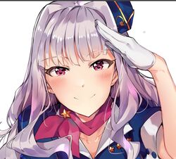  bandana blue_hat blue_jacket blush closed_mouth commentary female gloves hair_intakes half_gloves hand_up hat idolmaster idolmaster_(classic) jacket korean_commentary long_hair looking_at_viewer purple_eyes purple_hair salute shijou_takane short_sleeves smile solo tuxedo_de_cat upper_body white_gloves 