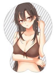  alternate_breast_size black_hair blush bra breast_mousepad breasts brown_eyes cleavage collarbone commentary_request female hand_on_breast hiratsuka_shizuka long_hair looking_at_viewer mousepad_(medium) open_mouth ponpon_(ponpon62126) solo underwear yahari_ore_no_seishun_lovecome_wa_machigatteiru. 