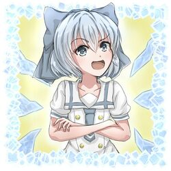  :d alternate_costume blue_eyes blue_hair border bow cirno commentary cosplay crossed_arms female gochuumon_wa_usagi_desu_ka? hairbow heart heart-shaped_pupils ice ice_wings kafuu_chino kafuu_chino&#039;s_school_uniform kafuu_chino_(cosplay) large_bow looking_at_viewer name_connection necktie open_mouth school_uniform shiroi_kawauso short_hair smile solo symbol-shaped_pupils touhou upper_body v-shaped_eyebrows wings 