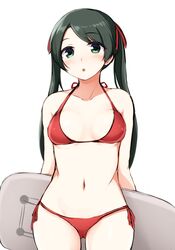  bikini black_hair bodyboard commentary_request don_(29219) female grey_eyes kantai_collection long_hair mikuma_(2016_swimsuit_mode)_(kancolle) mikuma_(kancolle) red_bikini solo standing swimsuit twintails 