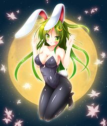  alternate_breast_size alternate_costume animal_ears bare_arms bare_shoulders black_pantyhose breasts cleavage collarbone commentary_request crescent crescent_cutout crescent_hair_ornament eyebrows female full_moon green_eyes green_hair hair_ornament hands_up high_heels highres kantai_collection large_breasts leaf long_hair looking_at_viewer maple_leaf moon nagatsuki_(kancolle) osashin_(osada) pantyhose parted_lips playboy_bunny rabbit_ears rabbit_tail sky solo star_(sky) starry_sky tail yellow_moon 