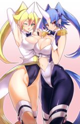  2girls :d :t ;d arm_up armpits bad_id bad_pixiv_id blonde_hair blue_hair blue_ribbon blush breast_press breasts buttons center_opening cleavage commentary_request duel_monster epaulettes eyebrows green_eyes green_nails hair_ornament hand_on_breast high_ponytail highres holding_hands horns interlocked_fingers large_breasts leotard long_sleeves looking_at_viewer midriff multicolored_hair multiple_girls nail_polish navel one_eye_closed open_mouth performapal_corn performapal_uni pink_hair pink_nails ponytail red_eyes ribbon single_horn sleeveless smile symmetrical_docking tail twintails two-tone_hair wrist_cuffs yanazuri_(kimossari337) yu-gi-oh! 