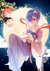  1boy 2girls alternate_costume alternate_hairstyle amicis_(amisic) animal blue_eyes blue_hair blue_ribbon brown_hair chang&#039;e chibi chinese_clothes cloud collarbone commentary_request double_bun floating flower full_moon hair_bun hair_flower hair_ornament hair_over_one_eye hair_ribbon hanfu heart heart-shaped_eyes highres holding holding_animal looking_at_viewer moon moon_rabbit multiple_girls natsuki_subaru photoshop_(medium) pink_hair rabbit ram_(re:zero) re:zero_kara_hajimeru_isekai_seikatsu red_ribbon rem_(re:zero) ribbon short_hair smile solo_focus x_hair_ornament 