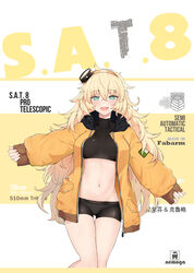  :d absurdres aqua_eyes bike_shorts black_hat blonde_hair blush breasts breasts_apart character_name chinese_text coat commentary crop_top english_text feet_out_of_frame female girls&#039;_frontline groin hair_between_eyes hairband hat highres long_hair long_sleeves looking_at_viewer medium_breasts messy_hair midriff mini_hat navel nemoga oerba_yun_fang open_clothes open_coat open_mouth orange_coat orange_hairband panties panties_under_bike_shorts pocket puffy_long_sleeves puffy_sleeves s.a.t.8_(girls&#039;_frontline) shirt sleeves_past_wrists smile solo taut_clothes taut_shirt thigh_gap thighs translated two-tone_background underwear unzipped very_long_hair white_panties zipper_pull_tab 