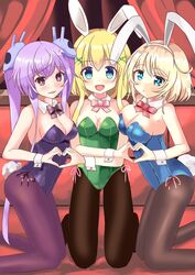  3girls :d :o animal_ears bad_anatomy bare_shoulders black_legwear blonde_hair blue_eyes bow breasts brown_legwear commentary_request curtains detached_collar fake_animal_ears hair_ornament heart heart_hands heart_hands_duo highres indoors kan_ten kneeling long_hair looking_at_viewer medium_breasts medium_hair memento_(sennen_sensou_aigis) multiple_girls open_mouth pantyhose paula_(sennen_sensou_aigis) photoshop_(medium) pink_bow playboy_bunny purple_bow rabbit_ears rabbit_hair_ornament rabbit_tail red_bow sennen_sensou_aigis shushu_(sennen_sensou_aigis) sidelocks smile tail twintails wrist_cuffs x_hair_ornament 