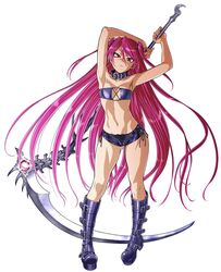  boots breasts chains collar curvy feet felicia_(taimanin_kurenai) female female full_body gluteal_fold holding holding_weapon lilith-soft long_hair looking_at_viewer navel nipples partially_visible_vulva pink_hair red_eyes scythe shiny shiny_hair shiny_skin short_shorts shorts simple_background small_breasts solo taimanin_(series) taimanin_asagi_battle_arena taimanin_kurenai twintails very_long_hair weapon white_background zol 