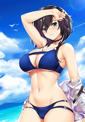  ark_royal_(azur_lane) ark_royal_(coast_watcher)_(azur_lane) arm_up artist_name azur_lane bikini bird black_hair blue_bikini blue_eyes blue_sky blush breasts choker cleavage cloud commentary cowboy_shot day female hair_between_eyes highres holding holding_removed_eyewear large_breasts looking_at_viewer medium_hair multi-strapped_bikini navel off_shoulder official_alternate_costume outdoors parted_lips sidelocks sky smile solo sunglasses swimsuit tony_guisado underboob unworn_eyewear 