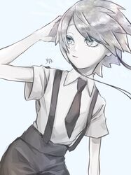  1other androgynous bad_id bad_twitter_id colored_eyelashes gem_uniform_(houseki_no_kuni) ghost_quartz_(houseki_no_kuni) grey_eyes grey_hair highres houseki_no_kuni kokemaru_(12tama02) looking_away necktie other_focus short_hair short_hair_with_long_locks solo suspenders upper_body white_hair 