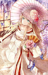  azur_lane blonde_hair blue_eyes blush bouquet braid breasts bridal_veil bride bug butterfly collarbone commentary_request day dress female flower hair_ornament hanagin highres holding holding_bouquet holding_umbrella indoors kongou_(azur_lane) large_breasts long_hair looking_at_viewer oil-paper_umbrella sidelocks smile solo umbrella veil wedding_dress 