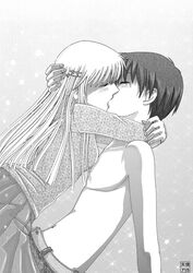  1boy closed_eyes couple female fruits_basket honda_tooru hug kissing kuromai long_hair pleated_skirt skirt souma_kyou sweater topless 