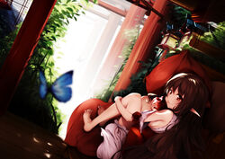  apple bad_id bad_pixiv_id barefoot bloomers blue_butterfly brown_eyes brown_hair bug butterfly detached_sleeves female food from_behind fruit highres hugging_own_legs japanese_clothes long_hair looking_back miko original photoshop_(medium) pillow pointy_ears sitting smile solo toriumi_harumi underwear very_long_hair 