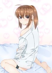  absurdres angel_beats! bare_legs barefoot bed brown_eyes brown_hair closed_mouth commentary_request female hair_between_eyes hair_ornament hair_ribbon highres hisako_(angel_beats!) kneeling long_sleeves looking_at_viewer looking_back no_panties on_bed ponytail ribbon shirt shirt_on_shoulders short_hair simple_background sitting skirt soles solo thigh_strap white_shirt zuzuhashi 