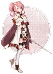  black_gloves cape celica_(fire_emblem) celica_(fire_emblem)_(cosplay) closed_mouth commentary cosplay detached_collar female fingerless_gloves fire_emblem fire_emblem_echoes:_shadows_of_valentia full_body gloves hair_ornament hairband high_heels holding holding_sword holding_weapon mae_(fire_emblem) one_eye_closed pink_hair reinynii smile solo standing sword thighhighs twintails weapon zettai_ryouiki 