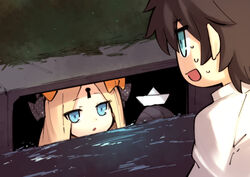  1boy abigail_williams_(fate) alphy black_bow blonde_hair blue_eyes bow chaldea_uniform commentary dress fate/grand_order fate_(series) female fujimaru_ritsuka_(male) hairbow it_(stephen_king) keyhole long_hair long_sleeves meme open_mouth orange_bow outdoors paper_boat parody parted_bangs pennywise_in_the_sewer_(meme) polka_dot polka_dot_bow short_hair sleeves_past_wrists storm_drain water 