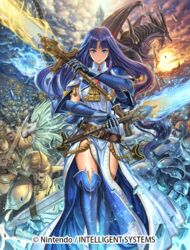  6+boys alondite altina_(fire_emblem) armor aura battle blue_eyes blue_footwear blue_hair boots capelet commentary_request company_name copyright_name deghinsea dress dual_wielding female fire_emblem fire_emblem:_radiant_dawn fire_emblem_cipher gauntlets holding holding_sword holding_weapon huge_weapon izuka_daisuke lion multiple_boys official_art pelvic_curtain ragnell sheath shoulder_armor side_slit sleeveless sleeveless_dress soan_(fire_emblem) solo_focus sword thigh_boots thighhighs turtleneck weapon 