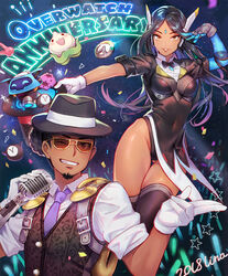  1boy ;) anniversary black_hair black_leotard breasts brown_eyes collared_shirt commentary confetti covered_navel dark-skinned_female dark-skinned_male dark_skin dress_shirt facial_hair fedora female forehead_jewel gloves goatee grin hat highres hip_focus jazzy_lucio leotard lino_chang long_hair long_sleeves looking_at_viewer lucio_(overwatch) magician_symmetra mechanical_arms medium_breasts necktie official_alternate_costume one_eye_closed overwatch overwatch_1 parted_lips pelvic_curtain photoshop_(medium) purple_necktie shirt short_sleeves single_mechanical_arm sleeves_rolled_up smile star_(symbol) symmetra_(overwatch) thighhighs thighs top_hat vest white_gloves white_shirt yellow_eyes 