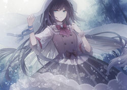  angel31424 arm_ribbon artist_name blue_eyes blue_ribbon commentary dress female floral_print head_tilt long_hair looking_up original outdoors parted_lips rain ribbon solo tree veil very_long_hair wrist_cuffs 