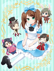  5boys alice_(alice_in_wonderland) alice_(alice_in_wonderland)_(cosplay) alice_in_wonderland animal_ears apron aqua_eyes asselin_bb_ii black_hair blue_dress bow braid brown_eyes brown_hair cafe_parade_(idolmaster) cane cat_ears cat_tail cheshire_cat_(alice_in_wonderland) cheshire_cat_(alice_in_wonderland)_(cosplay) chibi closed_eyes commentary_request cosplay crossdressing cup dress full_body green_eyes hairbow hat heterochromia idolmaster idolmaster_side-m kamiya_yukihiro long_hair looking_at_viewer mad_hatter_(alice_in_wonderland) mad_hatter_(alice_in_wonderland)_(cosplay) male_focus mary_janes mizushima_saki multiple_boys one_eye_closed pantyhose photoshop_(medium) queen_of_hearts_(alice_in_wonderland) queen_of_hearts_(alice_in_wonderland)_(cosplay) red_eyes ringo_yuyu satan_(idolmaster) shinonome_soichiro shoes single_braid smile tail teacup top_hat twintails uzuki_makio white_legwear white_rabbit_(alice_in_wonderland) white_rabbit_(alice_in_wonderland)_(cosplay) yellow_eyes 