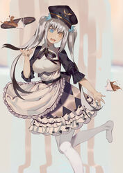  absurdres apron argyle_clothes argyle_skirt bad_id bad_pixiv_id black_hat black_ribbon black_sleeves blue_eyes brown_eyes falling female floating_hair frilled_apron frills hat heterochromia highres kagura_mea leg_up long_hair miniskirt neck_ribbon no_shoes open_mouth paryi_project peaked_cap ribbon shirt skirt solo tuan_yi very_long_hair virtual_youtuber waist_apron wavy_mouth white_apron white_hair white_legwear white_shirt 