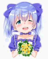  ;d blue_bow blue_choker blue_eyes blue_hair bouquet bow cacao_(chocolat) choker collarbone commentary_request crying crying_with_eyes_open female flower frilled_shirt frills gloves grey_background hair_between_eyes hairbow head_tilt heart highres holding holding_bouquet nijisanji one_eye_closed open_mouth puffy_short_sleeves puffy_sleeves round_teeth shirt short_sleeves simple_background smile solo tears teeth twintails upper_teeth_only virtual_youtuber white_flower white_gloves white_shirt yellow_flower yuuki_chihiro yuuki_chihiro_(1st_costume) 