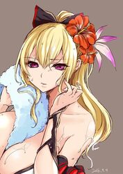  alternate_eye_color bad_id bad_twitter_id bare_shoulders between_breasts bikini black_bow blonde_hair bow breasts brown_background cleavage collarbone dated empty_eyes eyebrows female flower granblue_fantasy hair_between_eyes hair_flower hair_ornament hairbow hibiscus high_ponytail kurokawa_otogi large_breasts long_hair official_alternate_costume open_mouth pink_eyes ponytail simple_background solo swimsuit towel vira_(granblue_fantasy) vira_(summer)_(granblue_fantasy) water wet white_bikini 