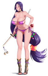  abs absurdres bare_shoulders bikini blush breasts chinese_commentary choker cleavage collarbone commentary_request eyepatch_bikini fate/grand_order fate_(series) female full_body hair_between_eyes hand_on_own_hip highres katana large_breasts laserflip legs long_hair long_legs looking_at_viewer low-tied_long_hair minamoto_no_raikou_(fate) minamoto_no_raikou_(swimsuit_lancer)_(fate) navel parted_bangs photoshop_(medium) purple_bikini purple_eyes purple_hair sandals simple_background solo swimsuit sword tall_female thighs toeless_legwear toes very_long_hair weapon white_background yo-yo 