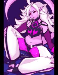  android_21 cosplay dragon_ball dragon_ball_fighterz elbow_gloves female gloves han_juri_(cosplay) majin_(race) majin_android_21 panties panties_over_pantyhose pantyhose pink_legwear pink_skin red_eyes street_fighter street_fighter_iv_(series) tail underwear white_hair 