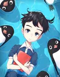  1boy afloat aoyama-kun_(penguin_highway) bird black_hair blue_eyes blue_shirt book commentary_request crossed_arms frown highres holding holding_book lolicon looking_at_viewer male_focus pengpeng_dohyung penguin penguin_highway shadow shirt upper_body water 