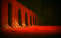  1other ambiguous_gender aqueduct arch architecture black_background commentary darkness dated_commentary flesh guru landscape original red_theme scenery size_difference solo surreal 