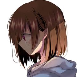  bad_id bad_pixiv_id bob_cut braid brown_hair commentary_request crying crying_with_eyes_open female grey_hoodie hair_between_eyes hood hood_down hoodie naoton original portrait profile purple_eyes short_hair simple_background solo tears white_background 