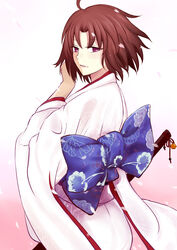  ahoge brown_hair commentary_request female from_behind highres illusionk japanese_clothes kara_no_kyoukai kimono light_smile looking_back obi photoshop_(medium) purple_eyes ryougi_shiki sash scabbard sheath sheathed short_hair solo 