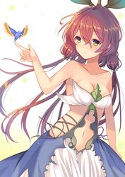  animal aozora_nan bare_shoulders bird bird_on_hand blush breasts cleavage closed_mouth clothing_cutout collarbone commentary_request dress eyebrows female gradient_background granblue_fantasy hair_between_eyes highres index_finger_raised leaf long_hair low_twintails monster_girl navel navel_cutout orange_eyes pink_hair plant plant_girl small_breasts smile solo strapless strapless_dress thorns twintails vines yggdrasil_(granblue_fantasy) 