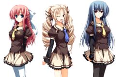  3girls akatsuki_no_goei blonde_hair blue_eyes blue_hair brown_eyes drill_hair hair_ornament hairclip kanzaki_moe kokudou_kyouka long_hair looking_at_viewer multiple_girls necktie nikaidou_aya non-web_source one_eye_closed open_mouth pantyhose pink_hair pleated_skirt red_eyes school_uniform simple_background skirt smile tomose_shunsaku white_background 