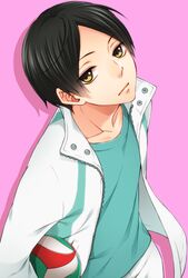  1boy black_hair commentary haikyuu!! jacket kunimi_akira looking_at_viewer male_focus open_clothes open_jacket pink_background rio_(rio_01) solo volleyball 